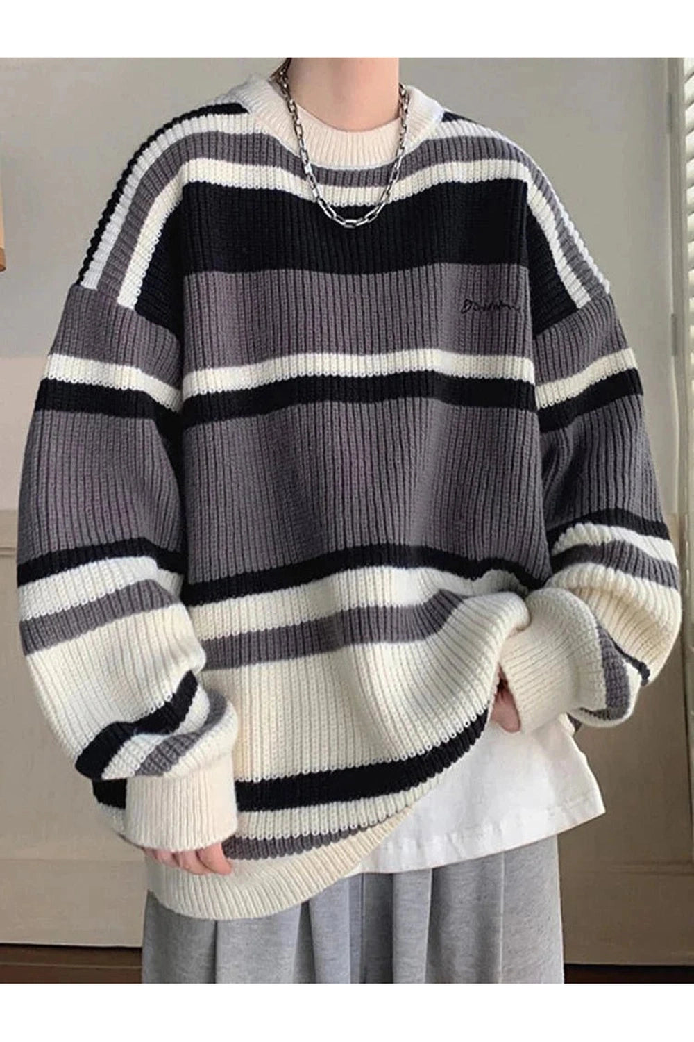 Y2k Embroidered Striped Winter Sweater