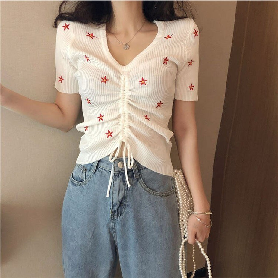 Y2k Embroidery Lace Up Summer Crop Top