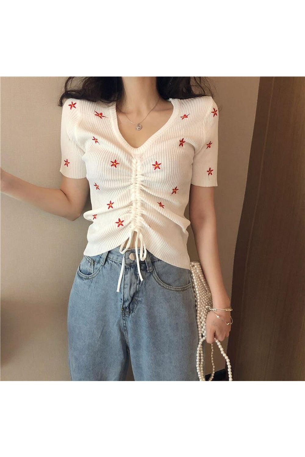 Y2k Embroidery Lace Up Summer Crop Top