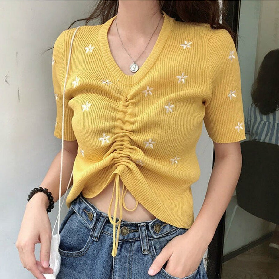 Y2k Embroidery Lace Up Summer Crop Top