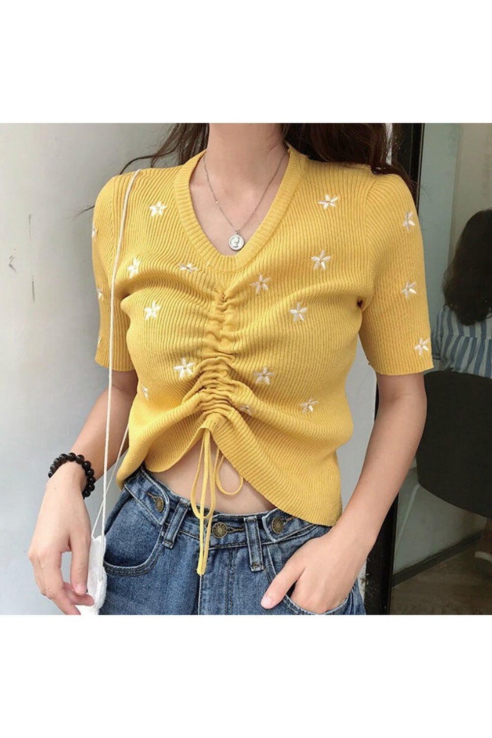 Y2k Embroidery Lace Up Summer Crop Top