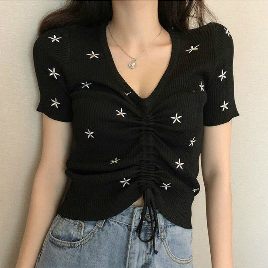 Y2k Embroidery Lace Up Summer Crop Top