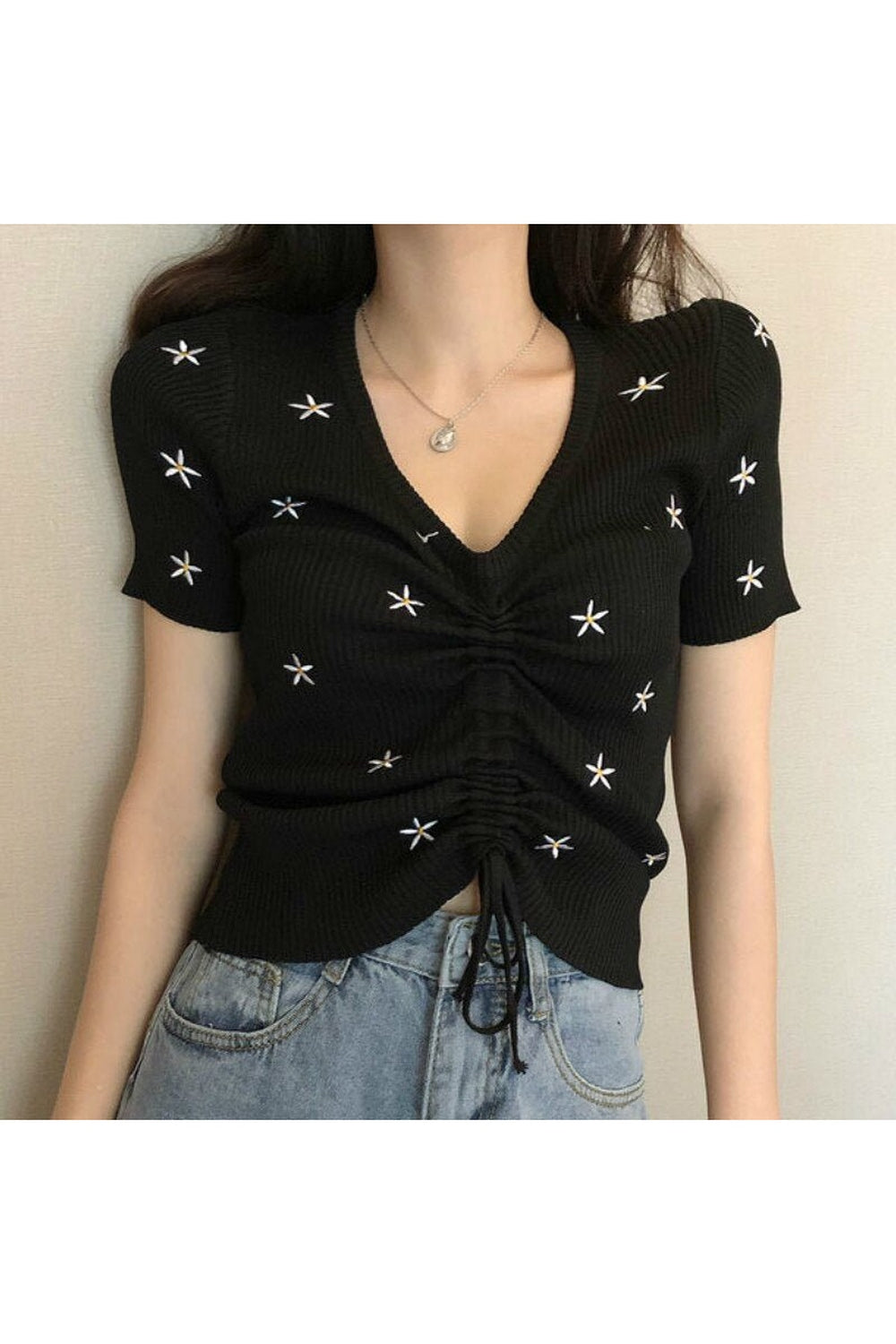 Y2k Embroidery Lace Up Summer Crop Top