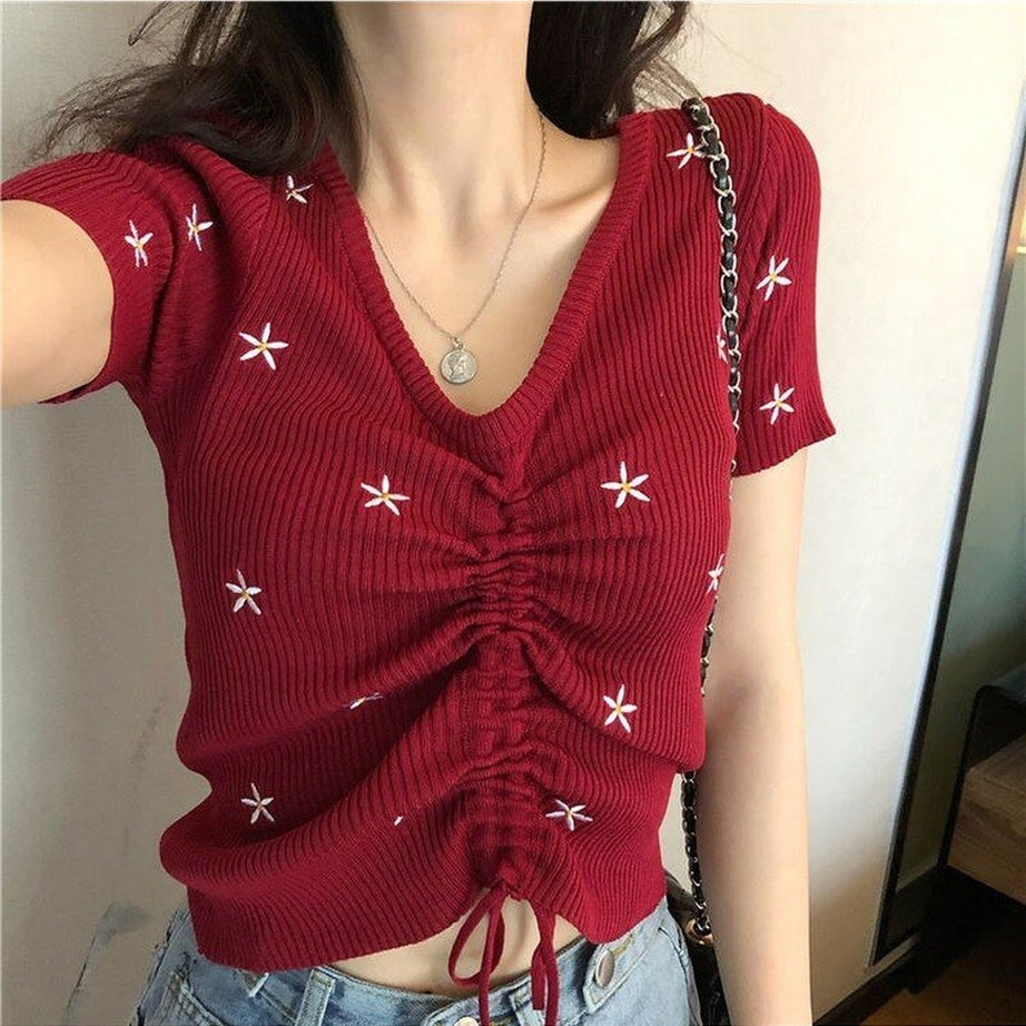 Y2k Embroidery Lace Up Summer Crop Top