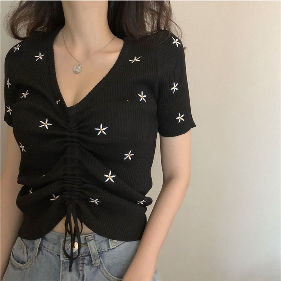 Y2k Embroidery Lace Up Summer Crop Top