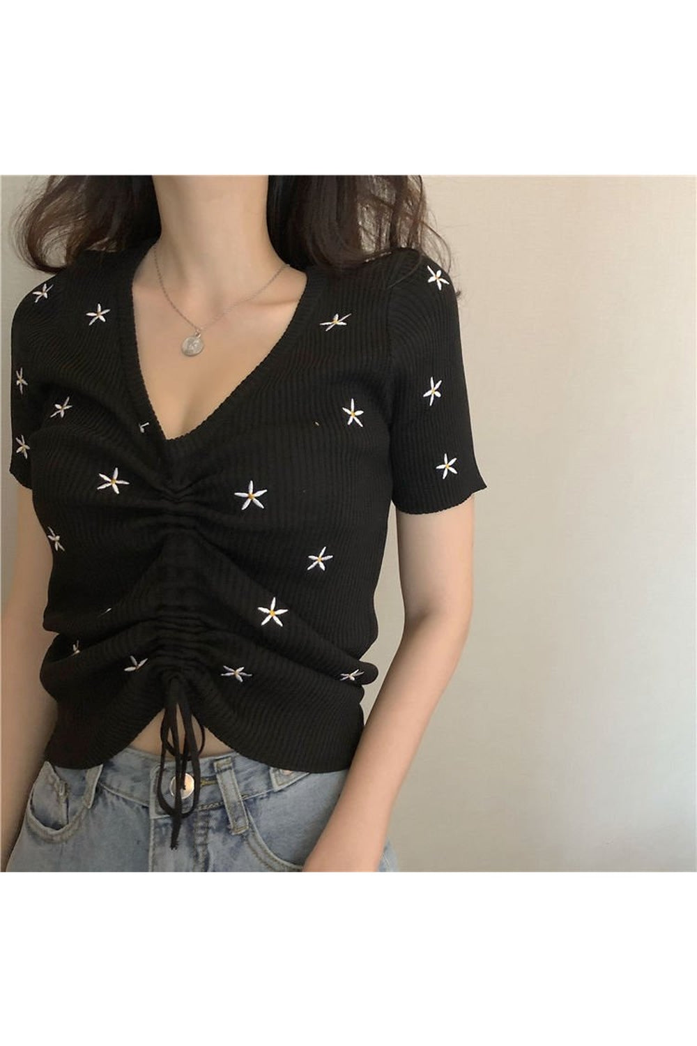 Y2k Embroidery Lace Up Summer Crop Top