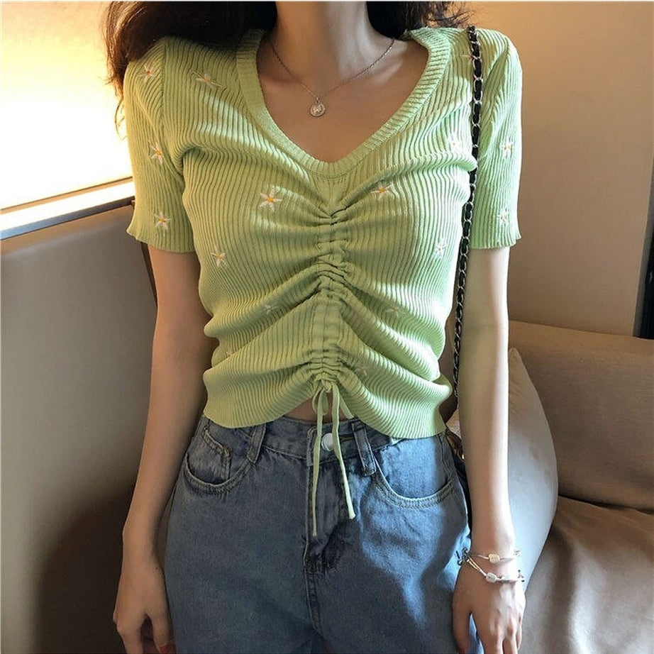 Y2k Embroidery Lace Up Summer Crop Top