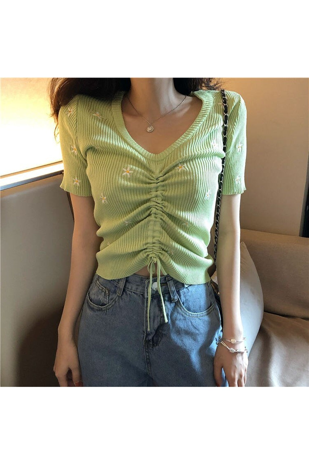 Y2k Embroidery Lace Up Summer Crop Top