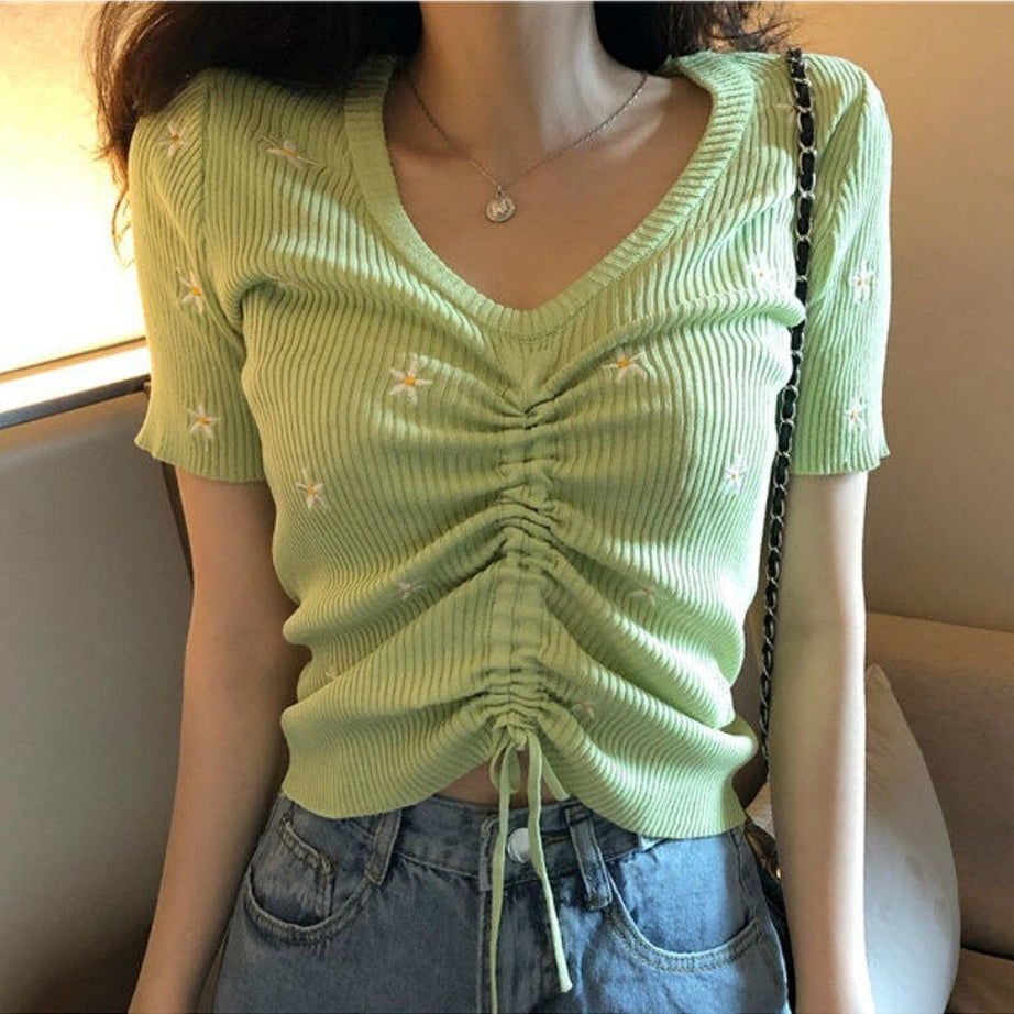 Y2k Embroidery Lace Up Summer Crop Top