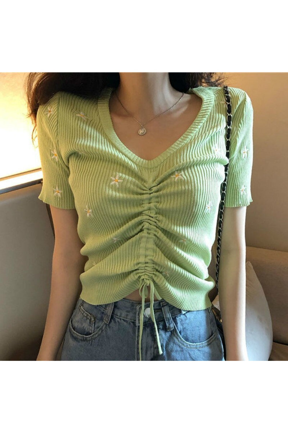 Y2k Embroidery Lace Up Summer Crop Top