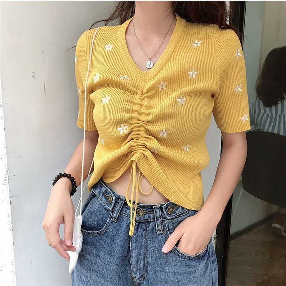 Y2k Embroidery Lace Up Summer Crop Top