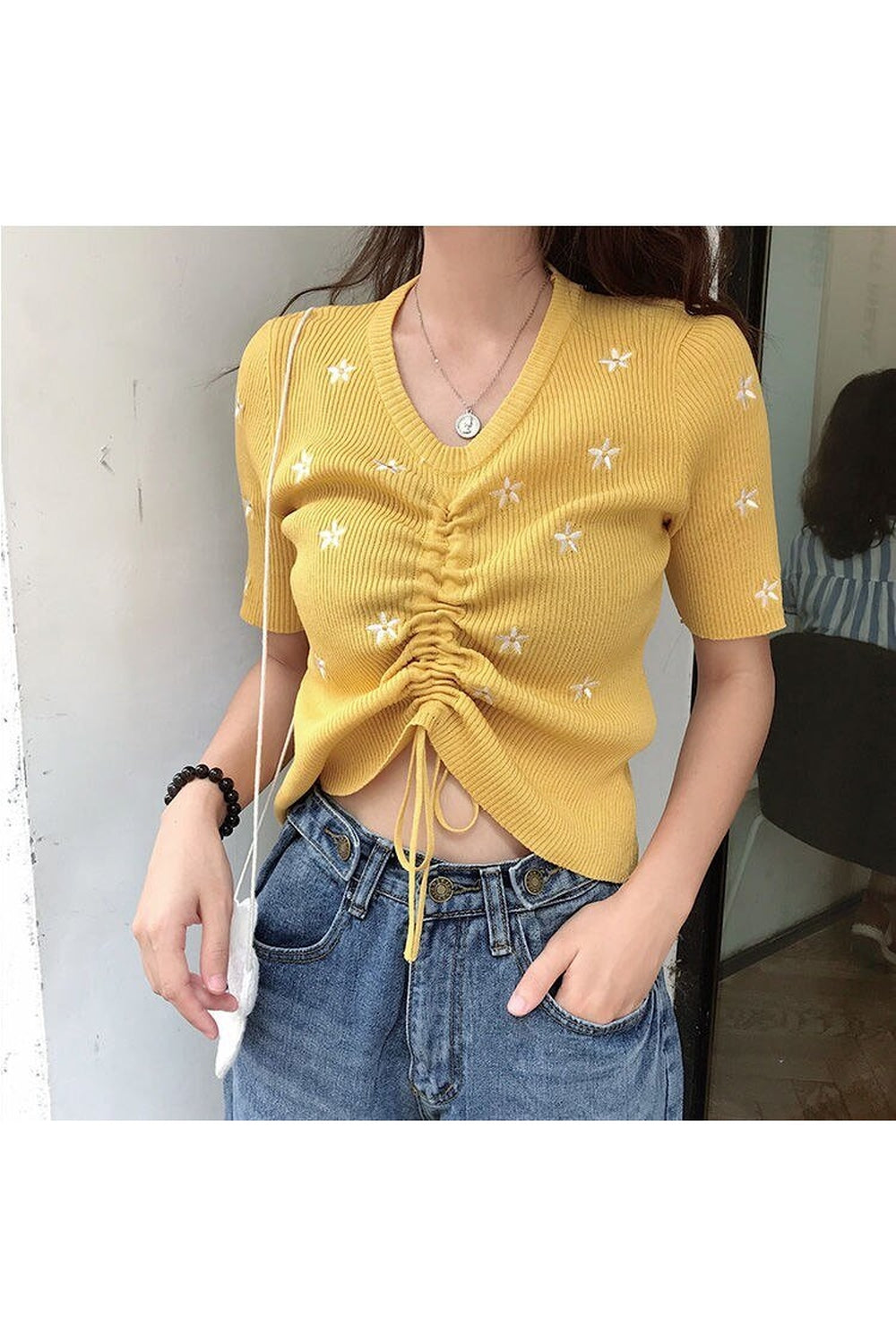 Y2k Embroidery Lace Up Summer Crop Top
