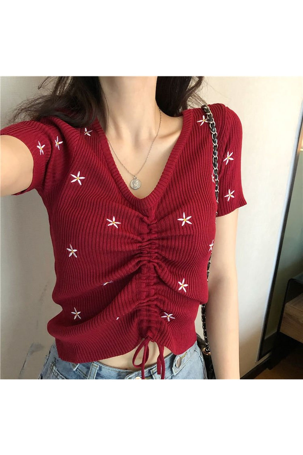 Y2k Embroidery Lace Up Summer Crop Top