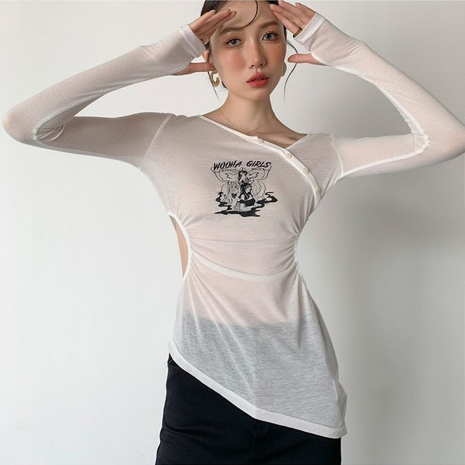 Y2k Fairy Irregular Long Sleeve Slim T-shirt