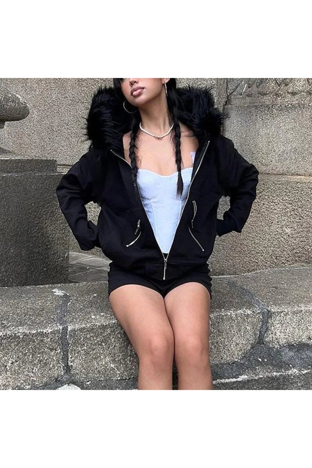 Y2k Faux Fur Collar Gothic Hoodie