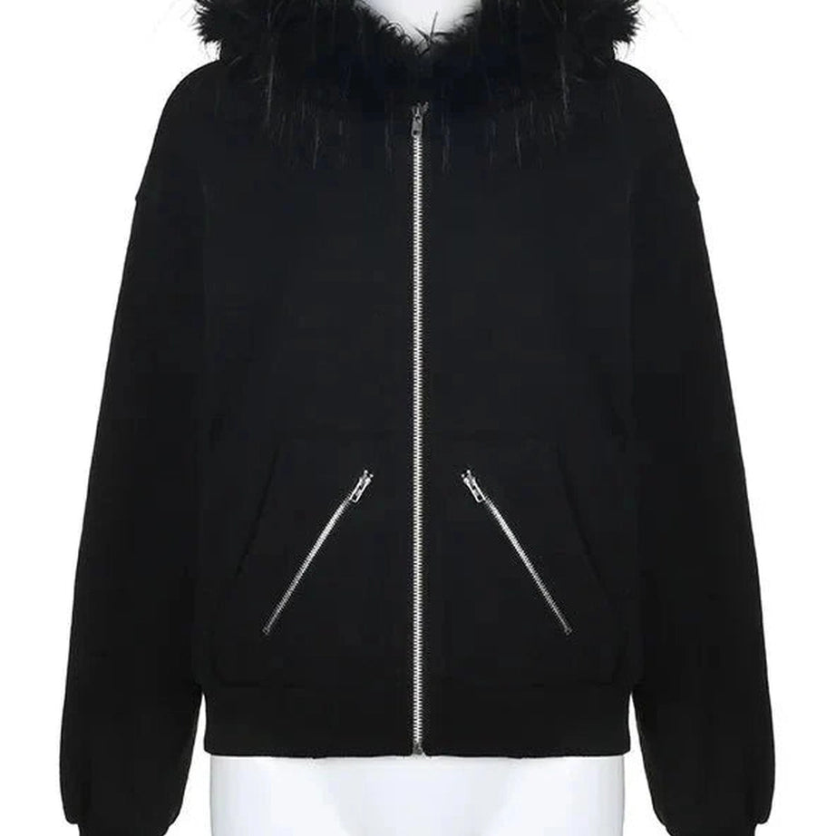 Y2k Faux Fur Collar Gothic Hoodie