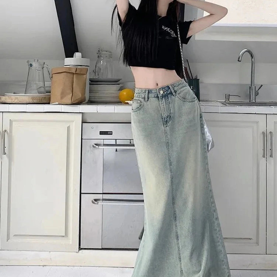 Y2k Fish Tail Long Denim Skirt