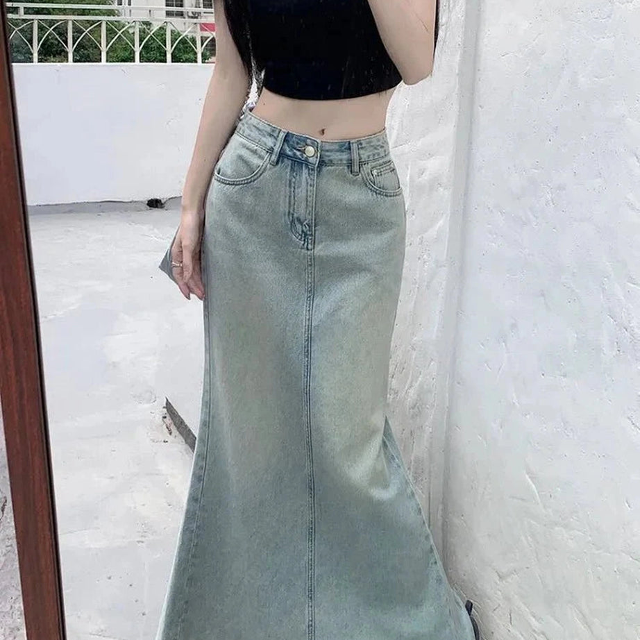 Y2k Fish Tail Long Denim Skirt