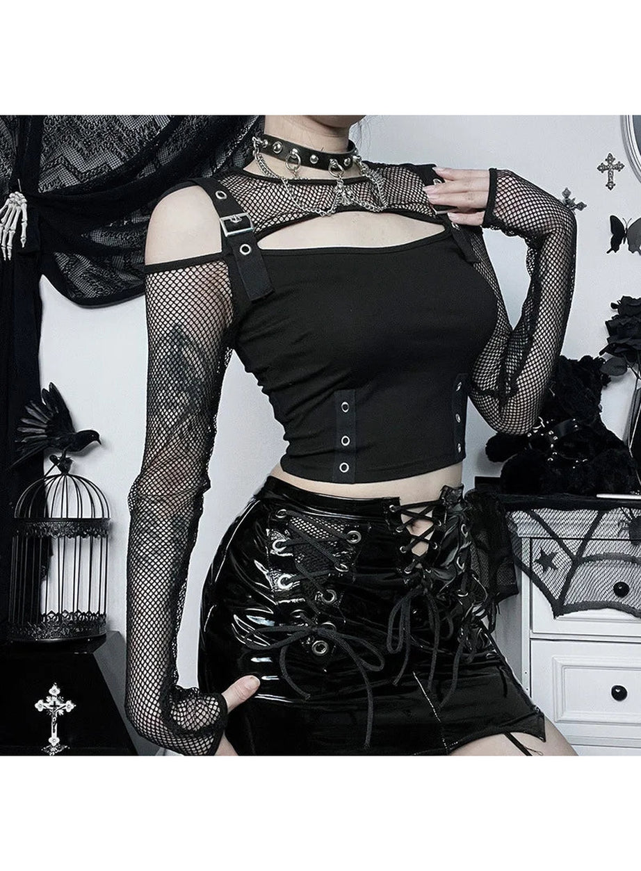 Y2k Fishnet Patchwork Buckle Crop Top