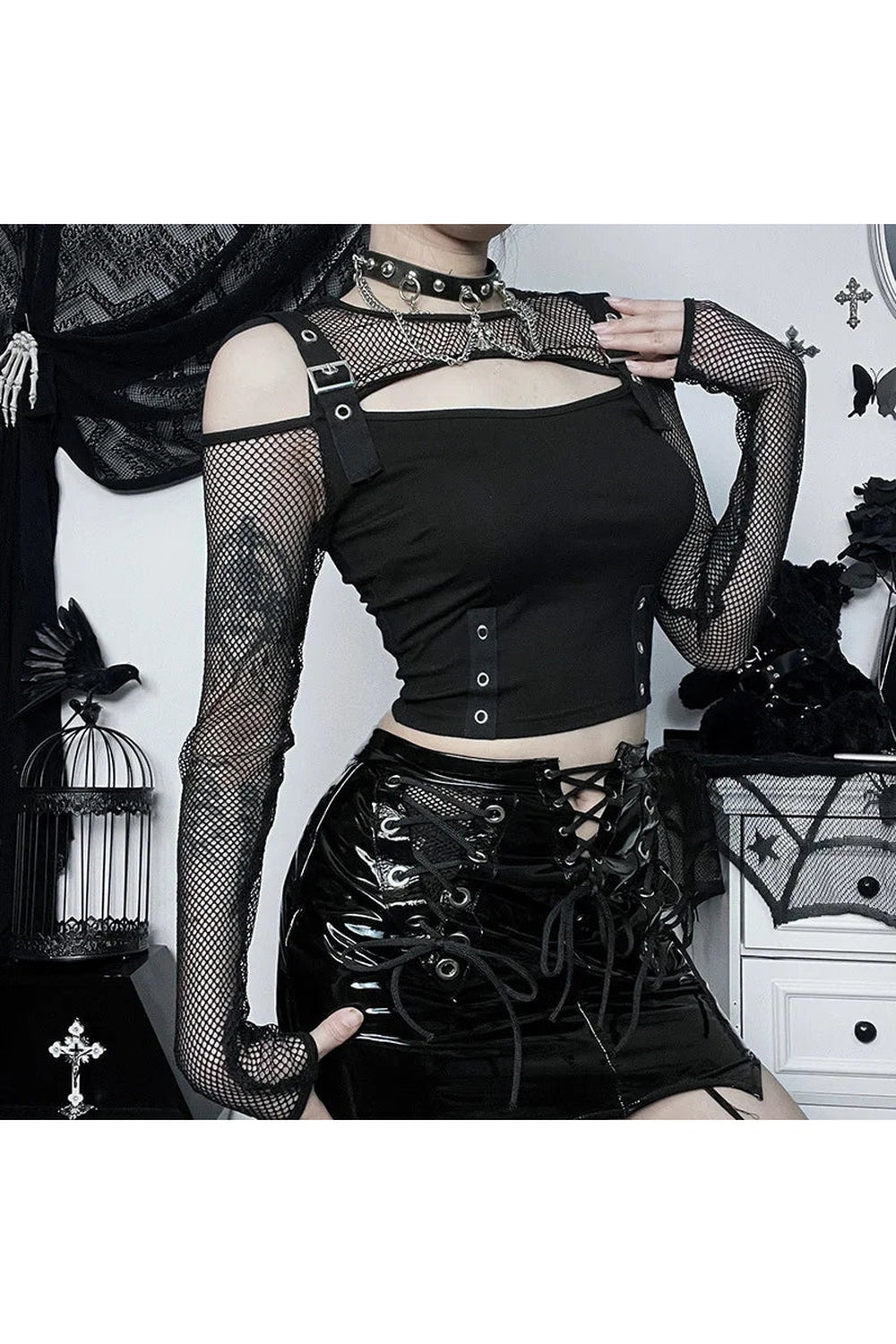 Y2k Fishnet Patchwork Buckle Crop Top