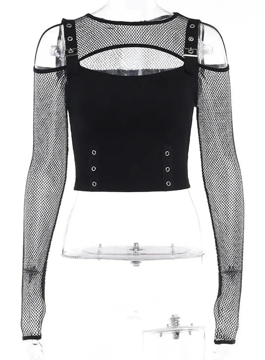 Y2k Fishnet Patchwork Buckle Crop Top