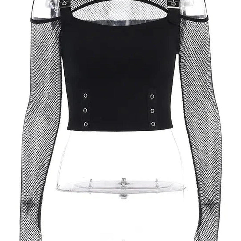 Y2k Fishnet Patchwork Buckle Crop Top