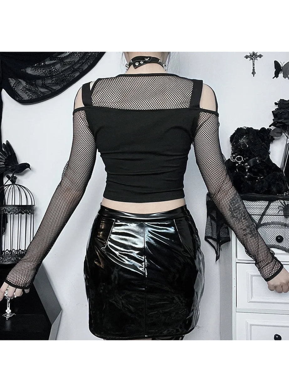 Y2k Fishnet Patchwork Buckle Crop Top