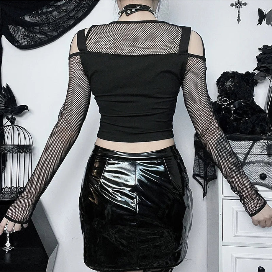 Y2k Fishnet Patchwork Buckle Crop Top