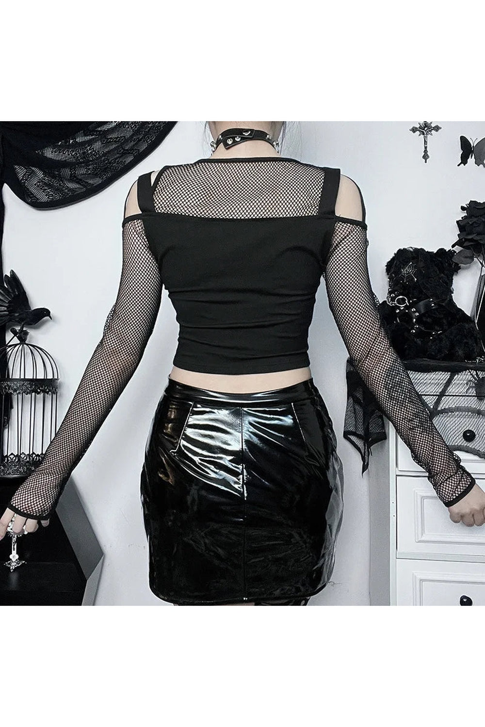 Y2k Fishnet Patchwork Buckle Crop Top