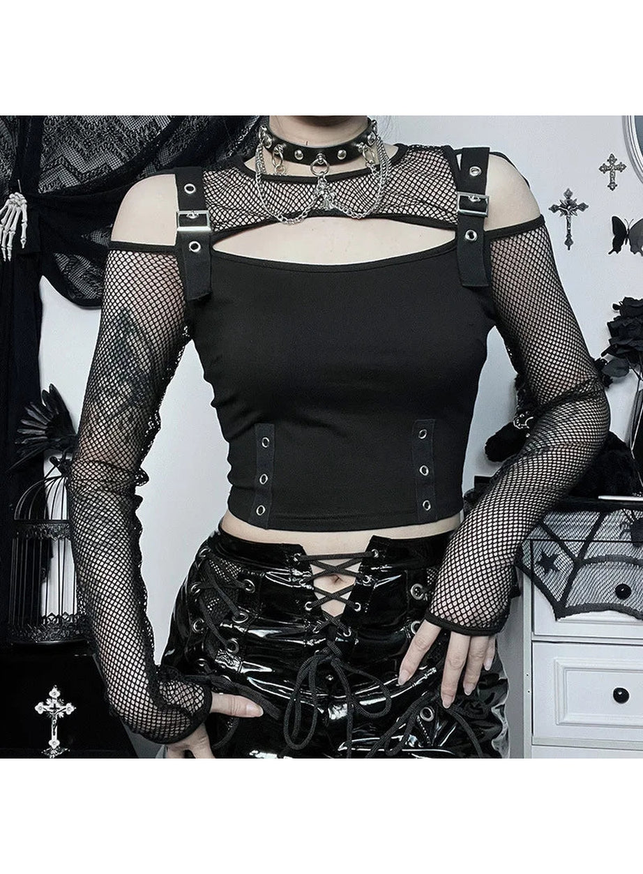Y2k Fishnet Patchwork Buckle Crop Top