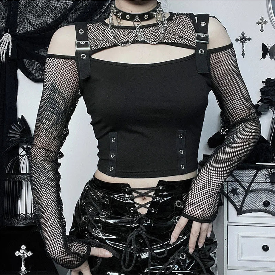 Y2k Fishnet Patchwork Buckle Crop Top