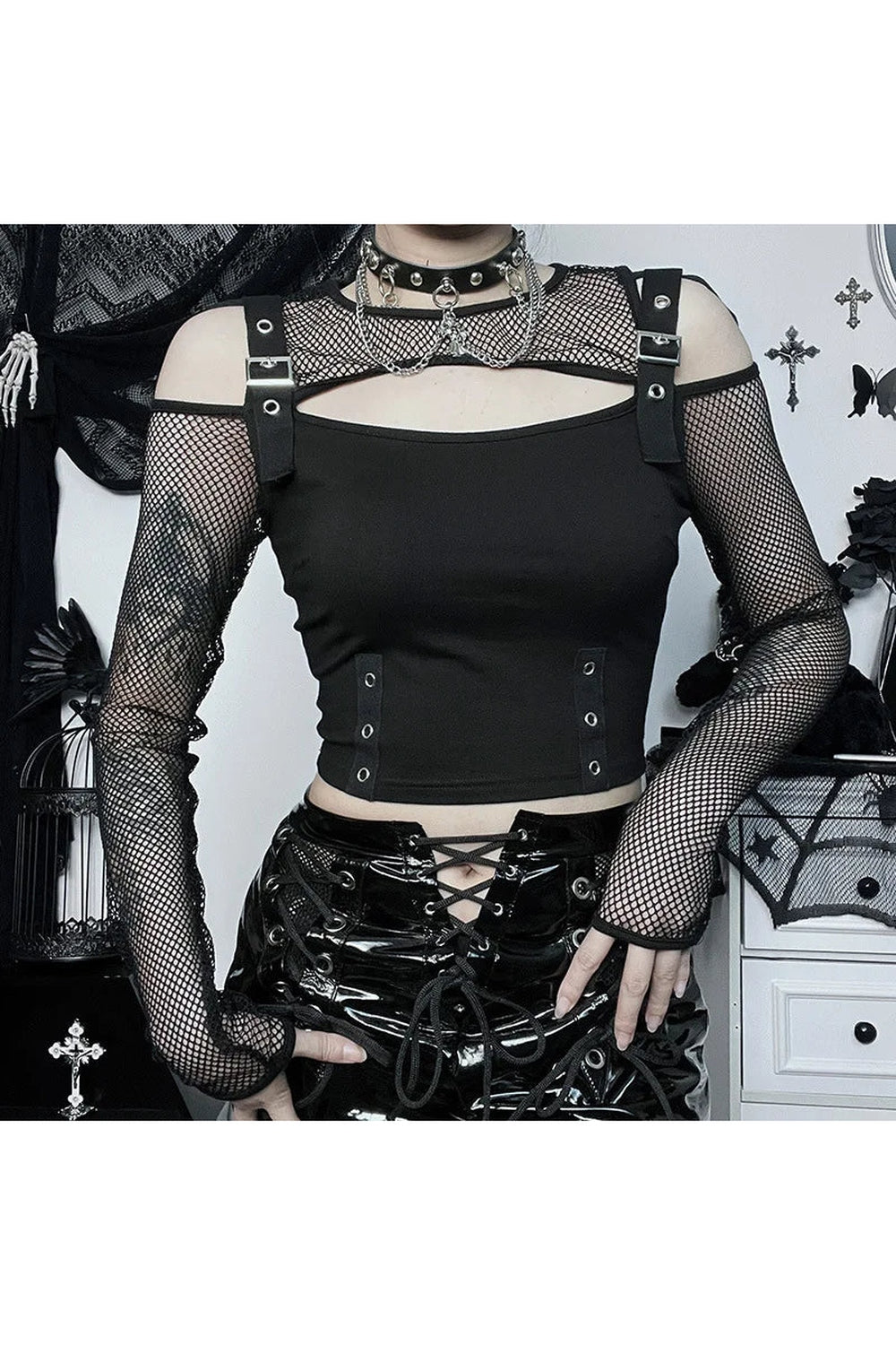 Y2k Fishnet Patchwork Buckle Crop Top