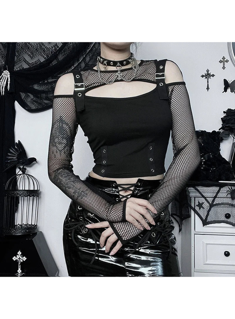 Y2k Fishnet Patchwork Buckle Crop Top