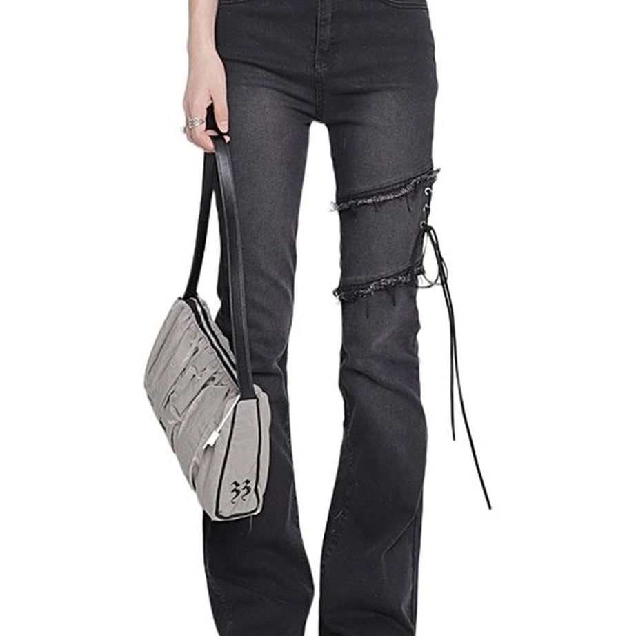 Y2k Flare Jeans Black Lacing High Waist