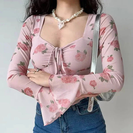 Floral Bell Sleeve Crop Top - Crop Tops