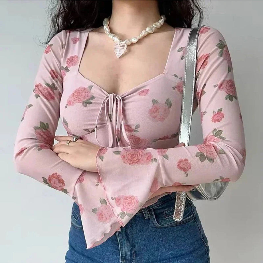 Y2k Floral Bell Sleeve Crop Top