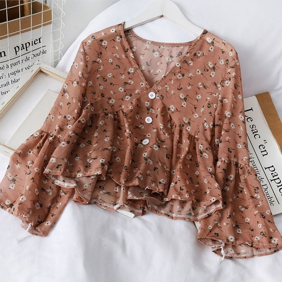 Y2k Floral Chiffon Blouse