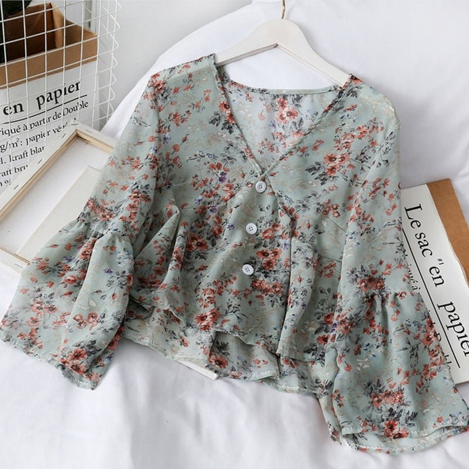 Y2k Floral Chiffon Blouse
