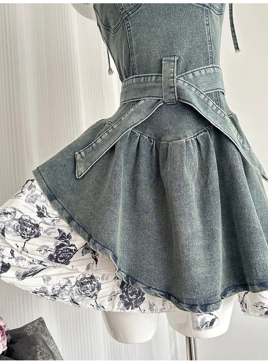Y2k Floral Denim Flare Dress