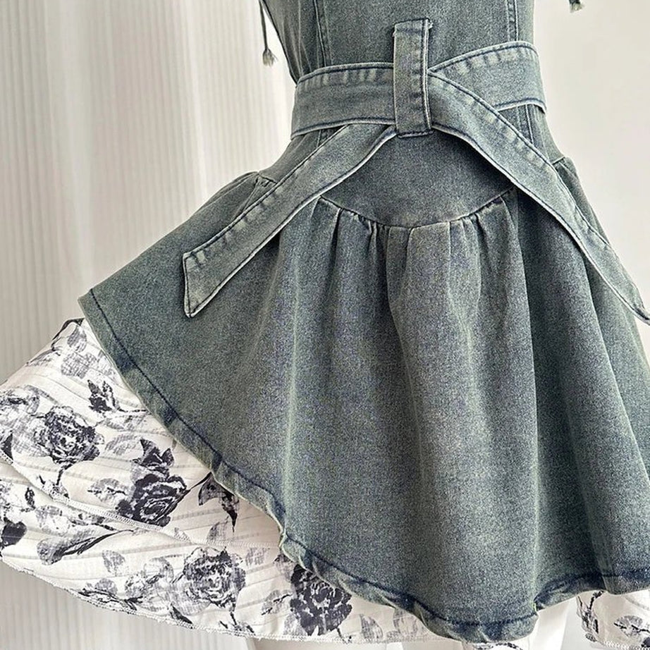 Y2k Floral Denim Flare Dress