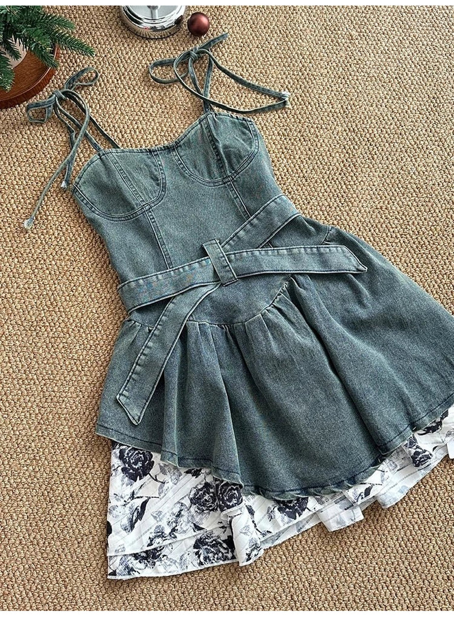 Y2k Floral Denim Flare Dress