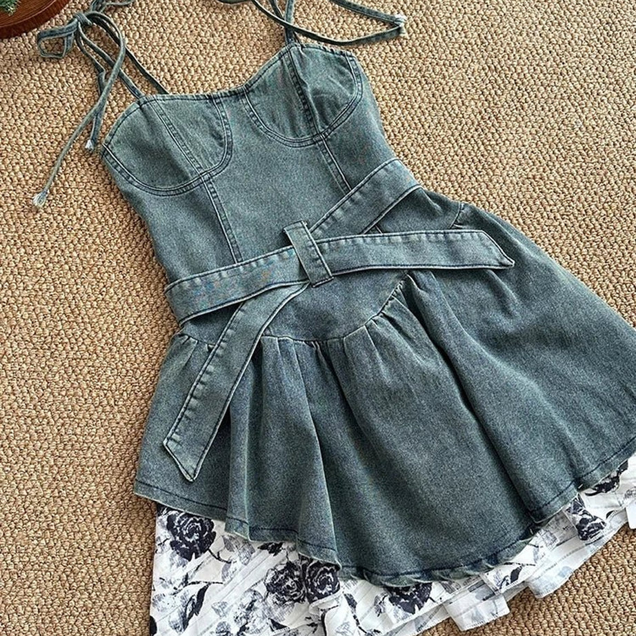Y2k Floral Denim Flare Dress