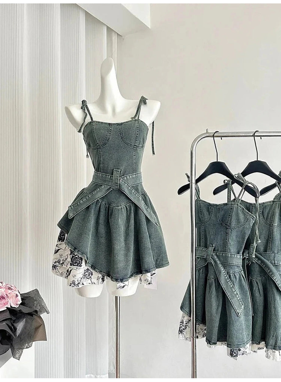 Y2k Floral Denim Flare Dress