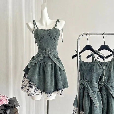 Floral Denim Flare Dress - Dresses