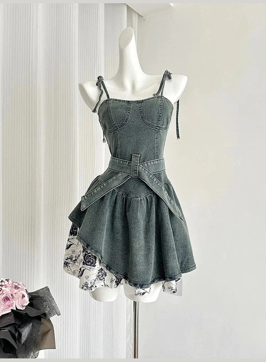 Y2k Floral Denim Flare Dress