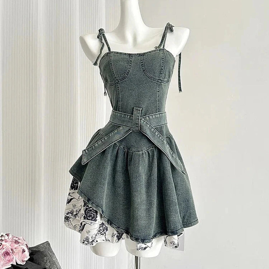 Y2k Floral Denim Flare Dress