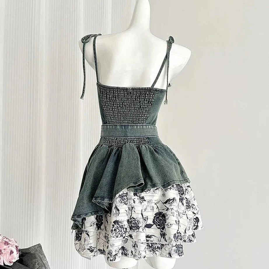 Y2k Floral Denim Flare Dress