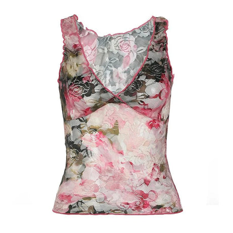 Floral Mesh Wrap Tank Top - Crop Tops