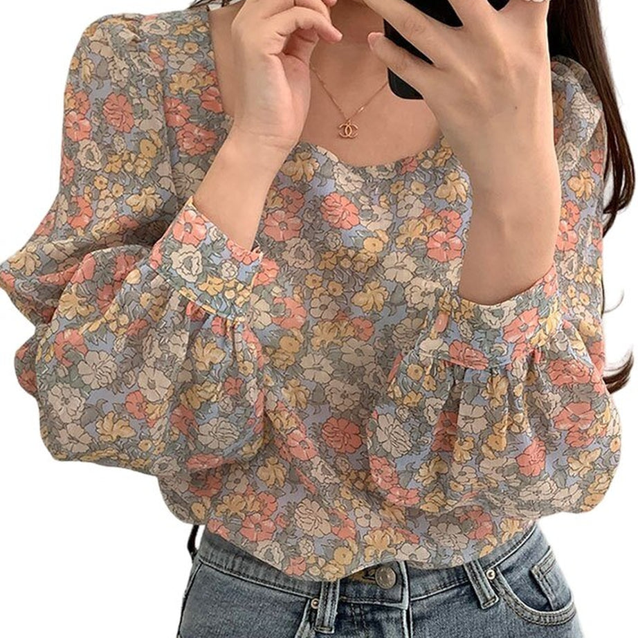 Y2k Floral Print Square Neck Chiffon Shirt