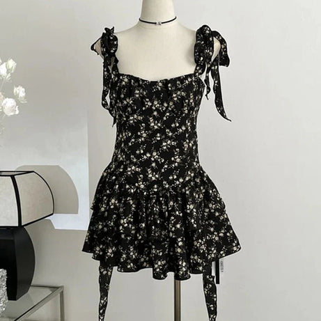 Floral Ruffle Tie - Strap Dress - Dresses